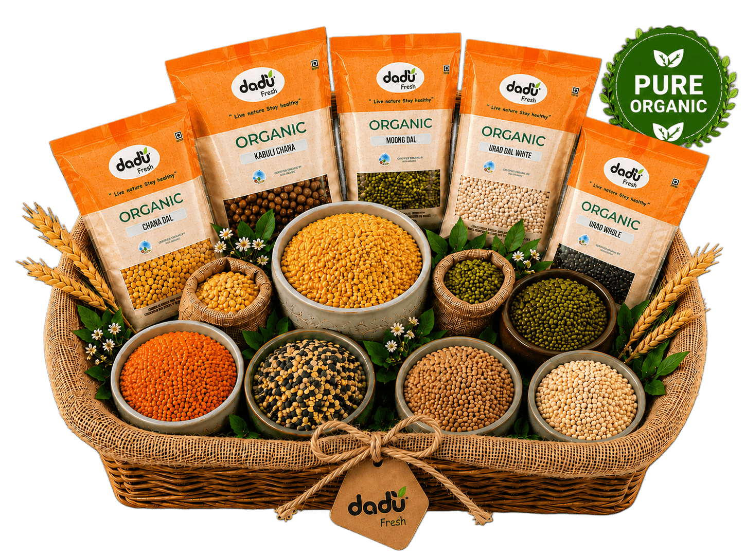 Dadu Fresh pure organic harvest basket containing farm-fresh grains, pulses and cold-pressed oils